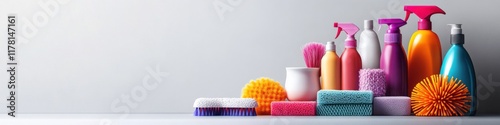 Clean and organized display of household cleaning products with ample copy space