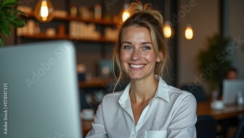 Entrepreneur’s relaxed posture suggesting ease and confidence in her work environment, Professional stock photo, AI generated photograph photo