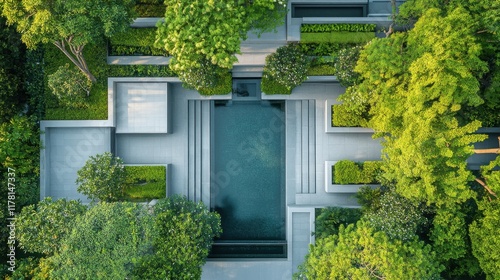 Modern symmetrical garden with water feature and lush greenery, aerial viewModern symmetrical garden with water feature and lush greenery, aerial view photo