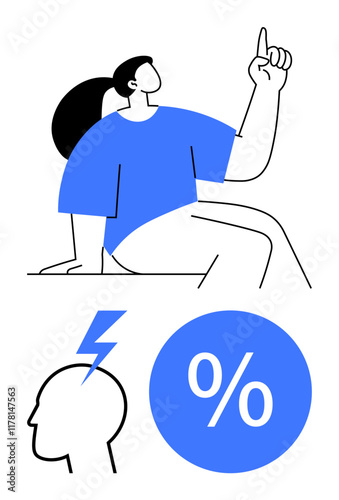 Person with raised hand representing curiosity or insight, head with lightning bolt indicating brainstorming or sudden idea, percentage symbol. Ideal for creativity, innovation, education