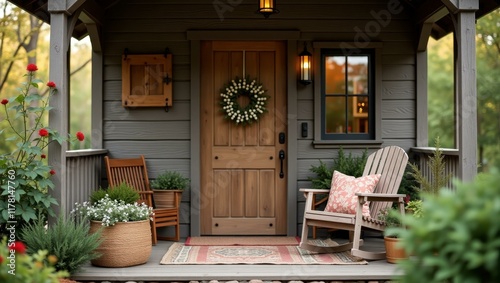 Rustic charm of her porch enhanced by personal touches of her completed crafts, Professional stock photo, AI generated photograph photo