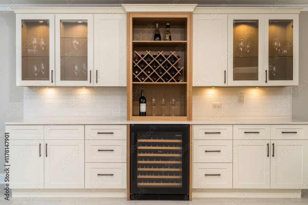 Fototapeta premium A modern kitchen with white cabinets and a wine cooler