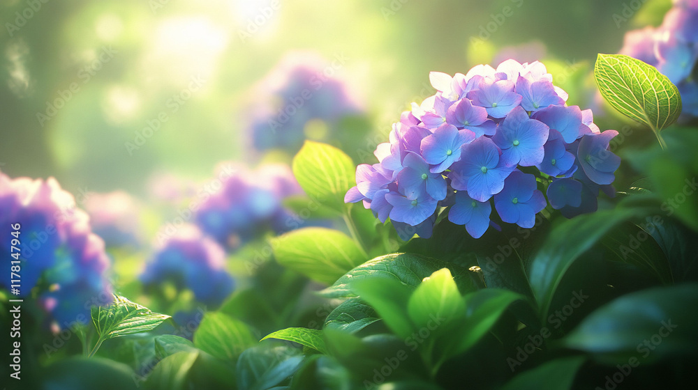 Sunlit purple hydrangeas in lush green foliage. Sunlit purple hydrangeas in lush green foliage.