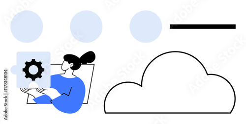Woman holding a puzzle piece with gear icon, adjacent to a cloud outline, with circular elements and a horizontal bar. Ideal for cloud computing, teamwork, technology, data management, problem