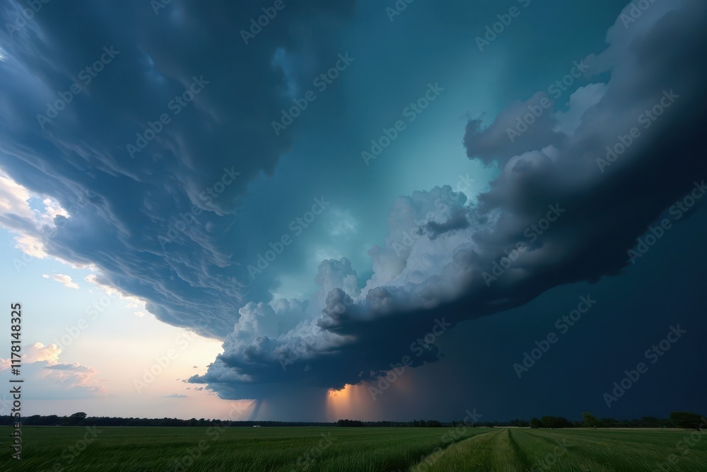 Dark, rain-wrapped supercell with a visible, lowering wall cloud, low pressure, wall cloud Dark, rain-wrapped supercell with a visible, lowering wall cloud, low pressure, wall cloud