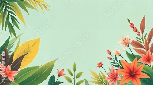  flat design illustration featuring a nature background with tropical green leaves, exotic plants, and flowers. Warm terracotta and cool teal colors create an earthy contrast.