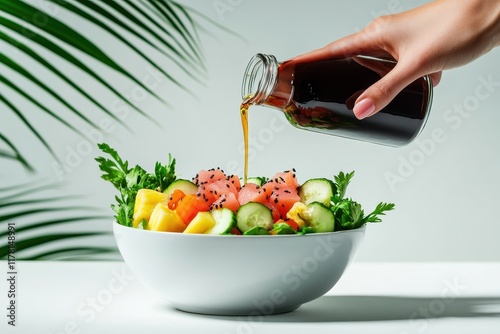 A woman s hand adds soy sauce to a bowl of salad with poke tuna carrot cucumber and pi