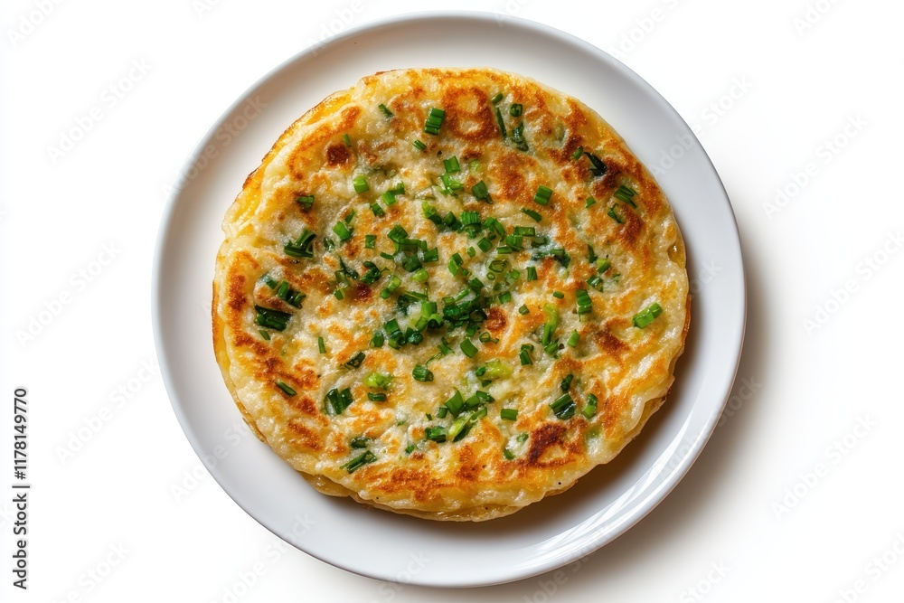 Aerial shot of scallion pancakes on a white plate showcasing golden brown homemade cong y Aerial shot of scallion pancakes on a white plate showcasing golden brown homemade cong y