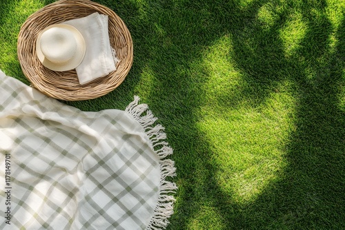 Wallpaper Mural Aerial shot of a picnic blanket on grass showcasing ad ideas with ample blank space fea Torontodigital.ca