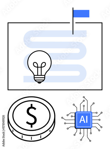 Roadmap with flag, light bulb for ideas, coin for finance, AI chip for technology. Ideal for innovation, strategy planning, digital progress, AI trends, business growth goals tracking abstract line