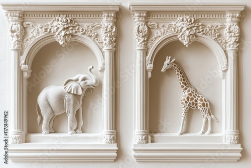 airy hall with wall niches housing elephant and giraffe figurines