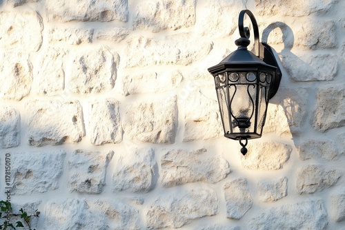 An antique metal wall light adorns the outer wall of a stone structure