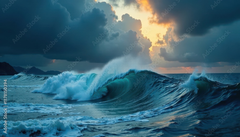 Fototapeta premium Dark, churning waves crash against a tempestuous sky , black, blue