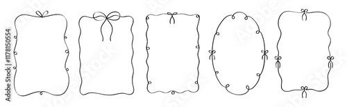 Set of elegant, whimsical hand-drawn frames featuring wavy, squiggle, and curly ribbon designs with bows in vintage and retro styles.