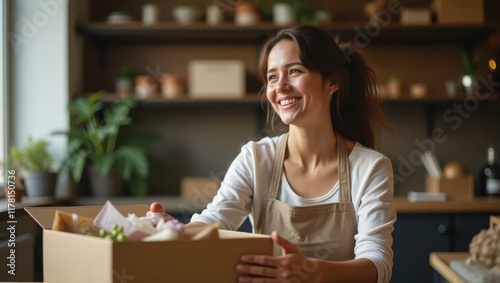 Satisfied sigh as she packs up her materials reflecting on day of successful crafting, Professional stock photo, AI generated photograph