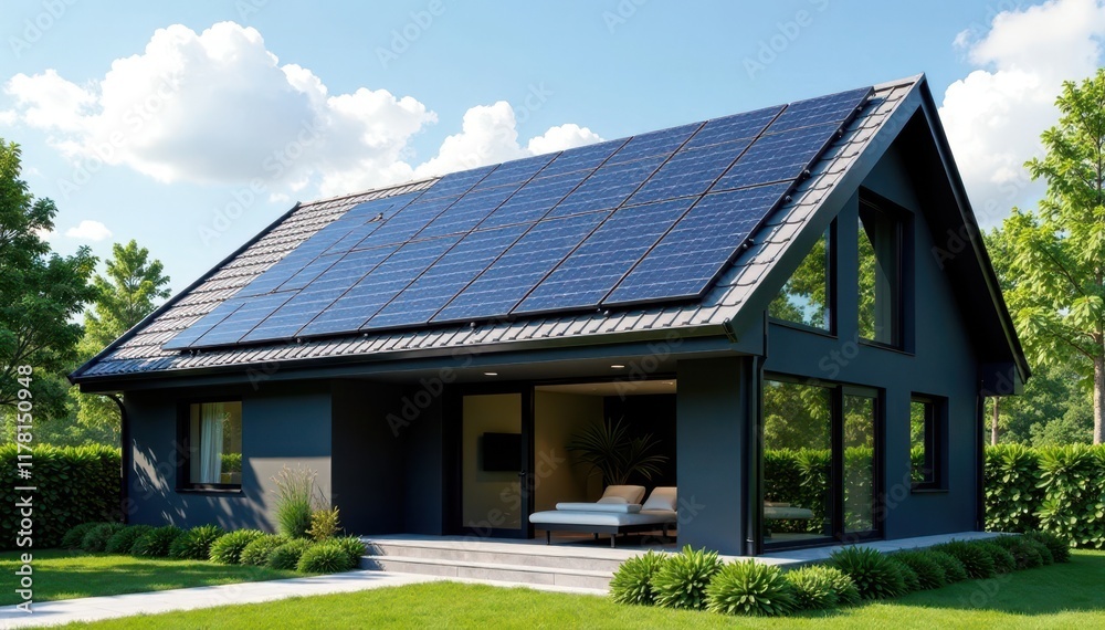 Dark grey solar panels accentuate the lines of a contemporary gable roof , rooftop, energy independence Dark grey solar panels accentuate the lines of a contemporary gable roof , rooftop, energy independence