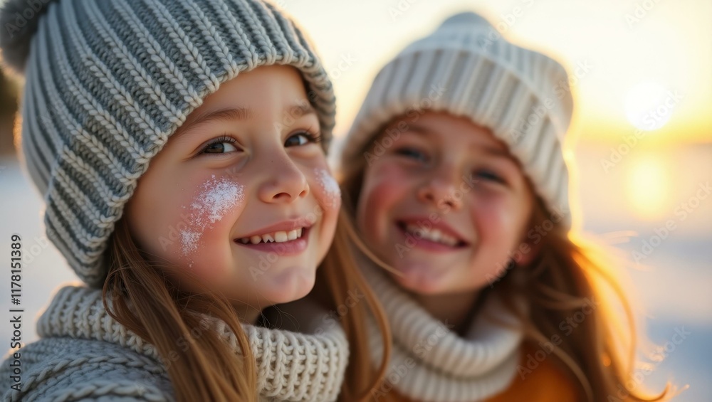 Family members' smudged cheeks from sunscreen visibly enjoyed in crisp winter air, Professional stock photo, AI generated photograph Family members' smudged cheeks from sunscreen visibly enjoyed in crisp winter air, Professional stock photo, AI generated photograph