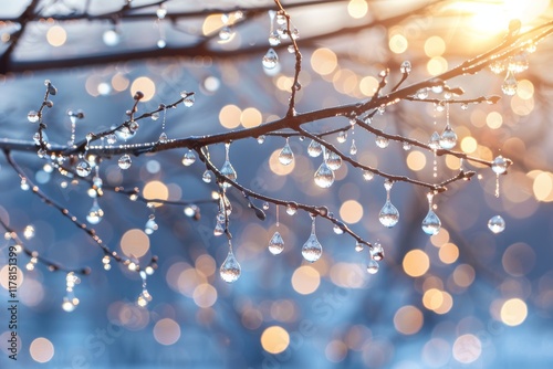 Close up of stunning water drops on a willow branch with a softly blurred background