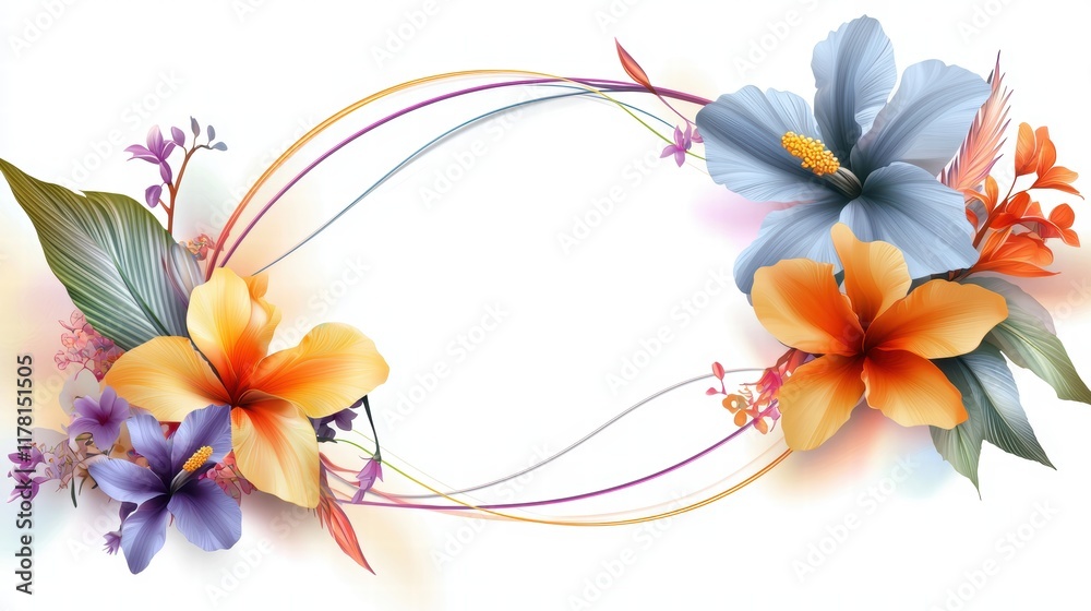 Obraz premium A colorful flower frame featuring tropical flowers and vines, forming an elegant oval with a blank space in the middle.