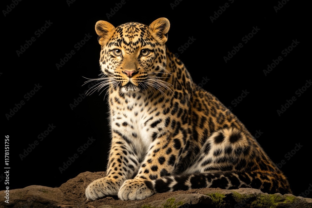 A leopard sits alone on a rock in the dark, its eyes gleaming with intensity A leopard sits alone on a rock in the dark, its eyes gleaming with intensity