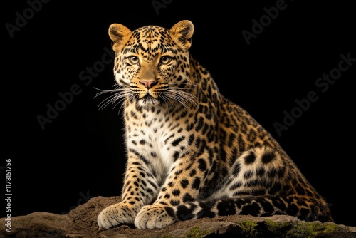 A leopard sits alone on a rock in the dark, its eyes gleaming with intensity