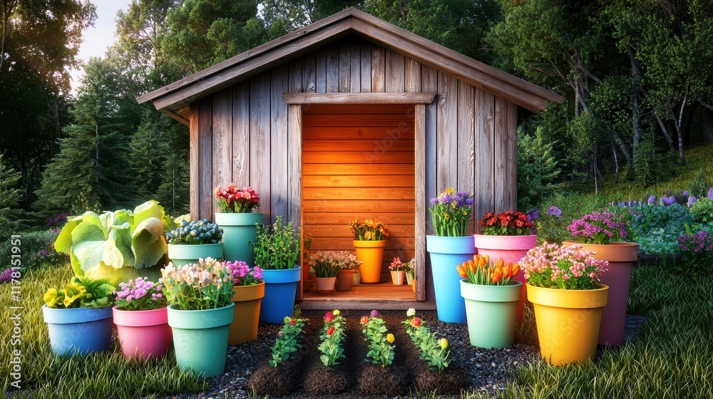 Fototapeta premium A cozy garden shed with a weathered wooden exterior, colorful flower pots lining the entrance, and a small vegetable patch nearby.