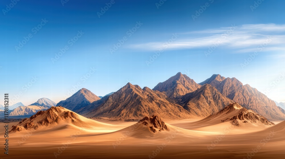 A dramatic desert mountain range with rugged peaks, sandy terrain, and warm golden hues under a cloudless sky. A dramatic desert mountain range with rugged peaks, sandy terrain, and warm golden hues under a cloudless sky.
