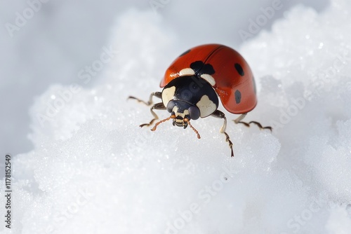 A ladybug perched on top of a snowy mound, small and insignificant in the vast winter landscape