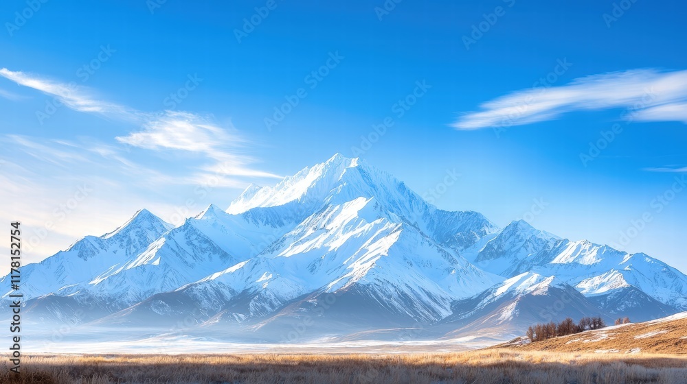 A dramatic snow-covered mountain range under a crystal-clear blue sky, with sunlight gleaming off the icy peaks. A dramatic snow-covered mountain range under a crystal-clear blue sky, with sunlight gleaming off the icy peaks.