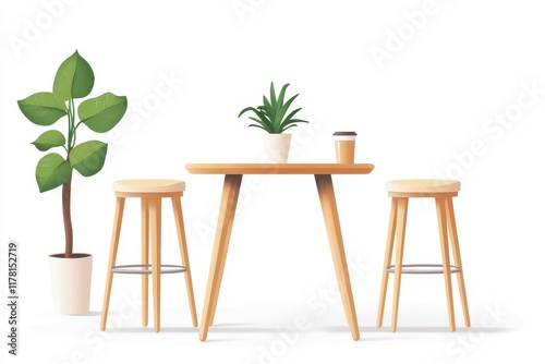 Basic seating area featuring a table tall chairs and potted plants Minimalist coffee sh