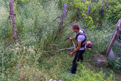 Worker cuts weeds in unkept orchard. photo