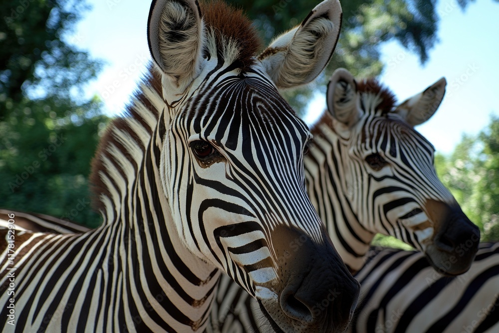 Fototapeta premium A group of zebras standing side by side, their black and white stripes visible