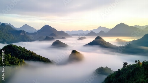 Wallpaper Mural A dramatic view of misty mountains with dense fog rolling through the valleys and peaks silhouetted against a soft, gray sky. Torontodigital.ca