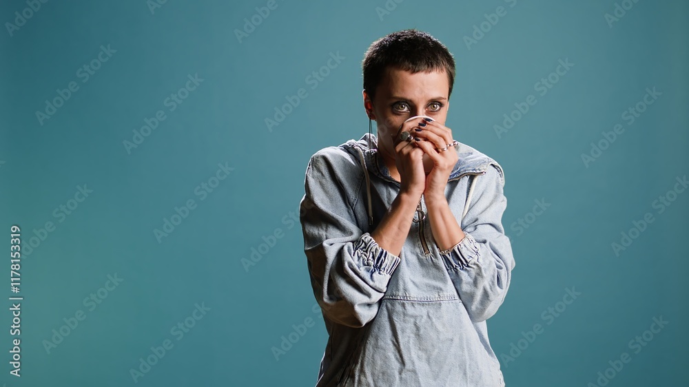 Happy woman sipping coffee from a cup against blue background, enjoying a hot caffeine refreshment in studio. Confident cool person with modern outfit drinking a beverage. Camera A.