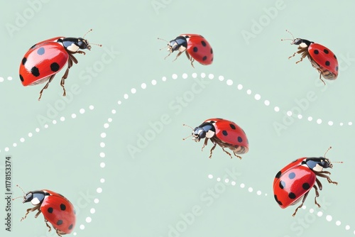 A cluster of ladybugs on a green leafy surface