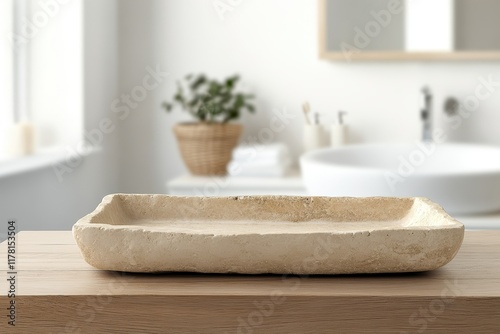 Beige stone tray on a wooden table with a blurred white bathroom backdrop