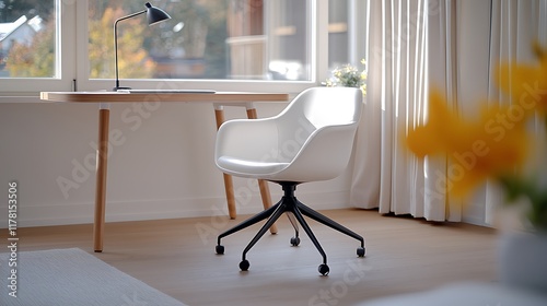 Modern white office chair on wheels in bright home office near window.
