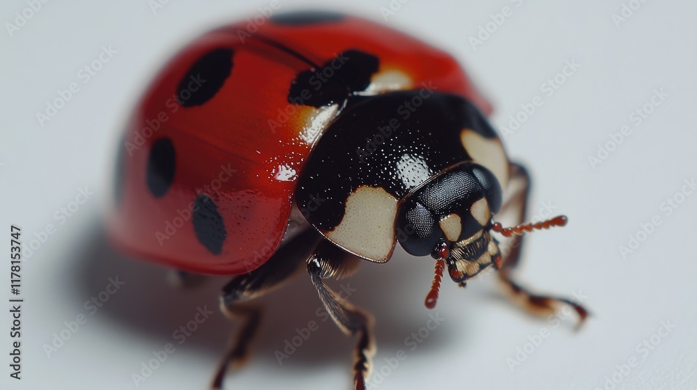 Fototapeta premium A close-up shot of a ladybug sitting on a white surface, with its red and black shell visible