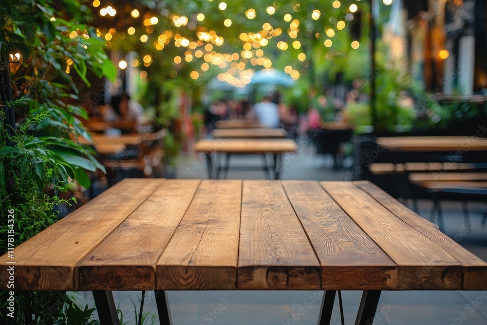 Fototapeta premium Blank wooden tabletop with a blurred cafe backdrop