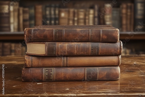 Books piled in a library setting atop a wooden table showcasing quality educational phot