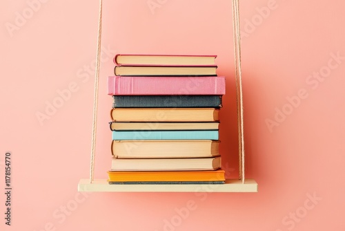 Books piled on a suspended shelf against a coral peach wall Stylish minimal decor represe