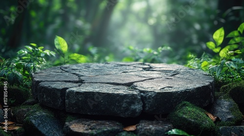 A natural stepping stone in a dense forest, suitable for outdoor and nature scenes