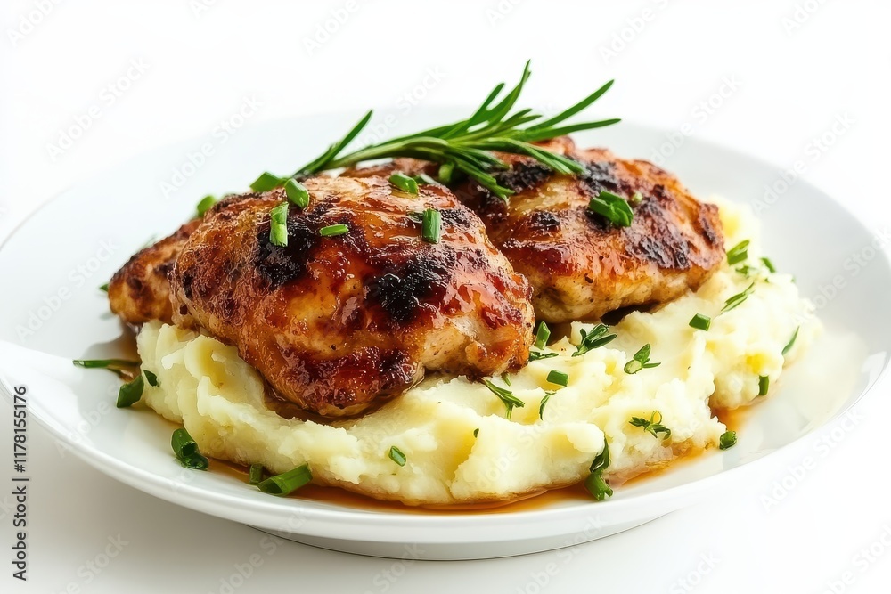 Breaded chicken patty and mashed potatoes on a white dish Breaded chicken patty and mashed potatoes on a white dish