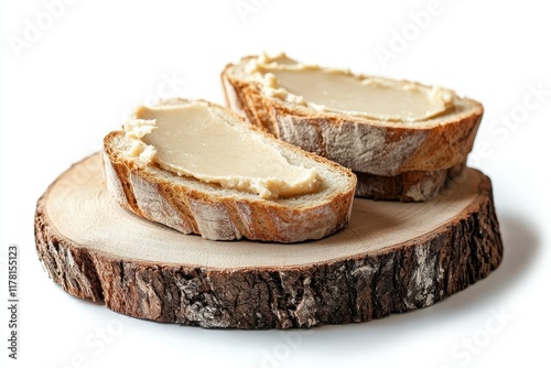 Bread slices with lard on a wooden surface