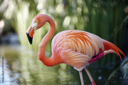 A single flamingo standing in calm water, possibly at a wildlife sanctuary or nature reserve