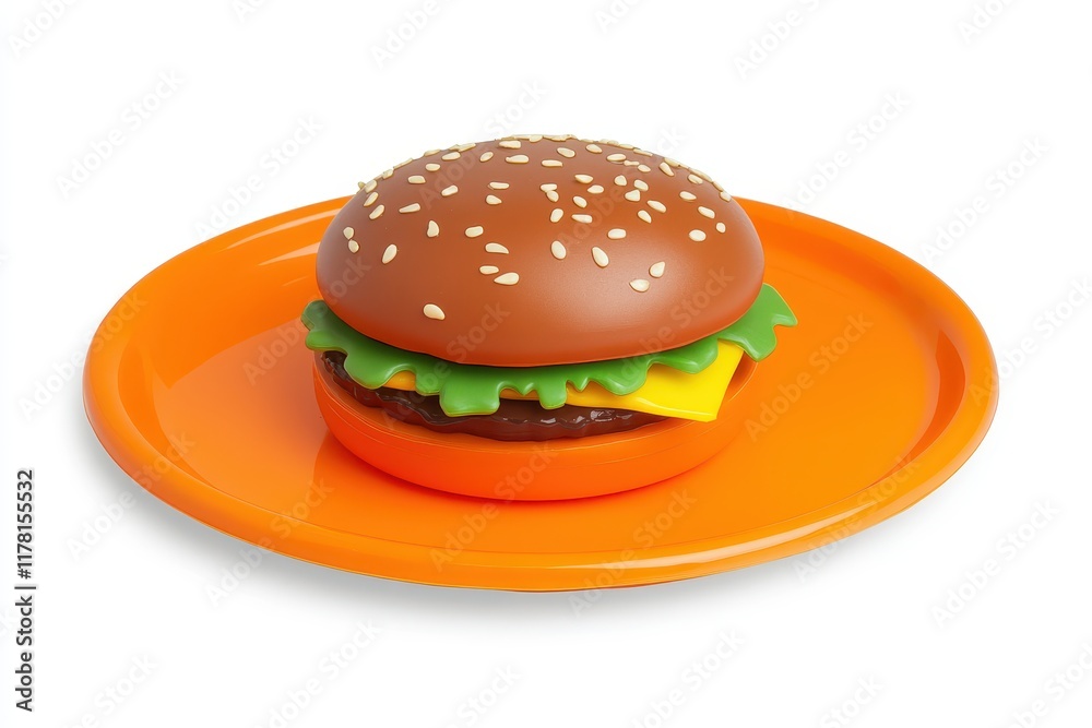 Burger on a plate against an orange backdrop