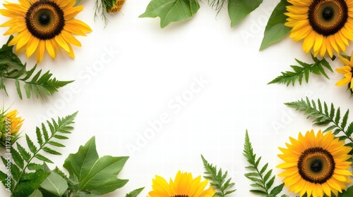 A natural flower frame with sunflowers and green foliage surrounding a central blank area for text or design.