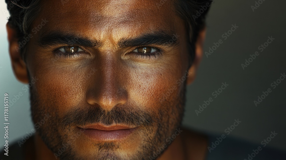 Fototapeta premium Intense close-up of a man with striking facial features and deep expressive eyes. Generative AI