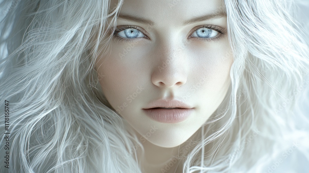 Fototapeta premium Striking portrait of a young woman with pale hair and captivating blue eyes. Generative AI