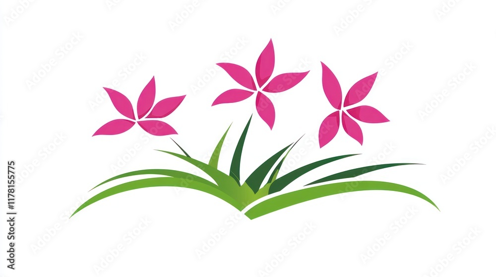 Pink flower logo design on white background with stylized grass Pink flower logo design on white background with stylized grass